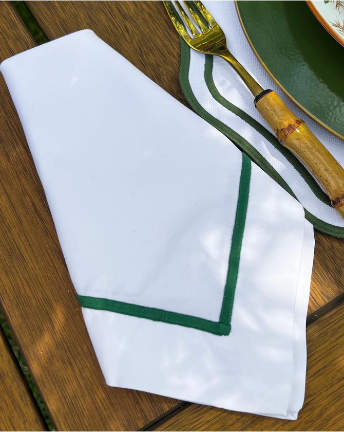 Guardanapo Percal Branco Barra Palito - Verde Escuro