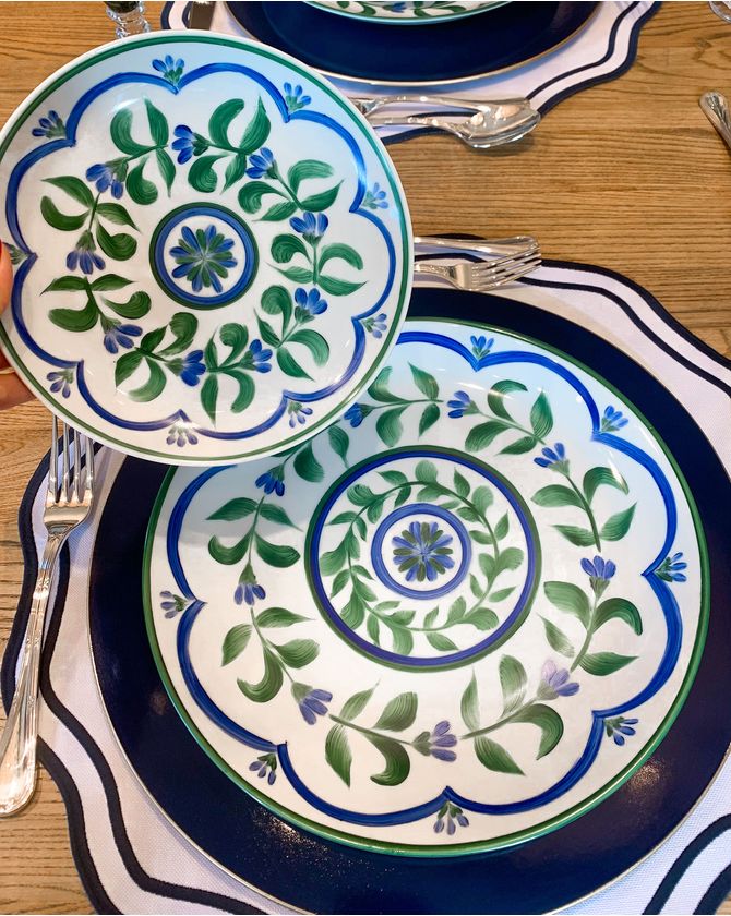 Prato Sobremesa Porcelana Guirlanda Italiana - Azul E Verde