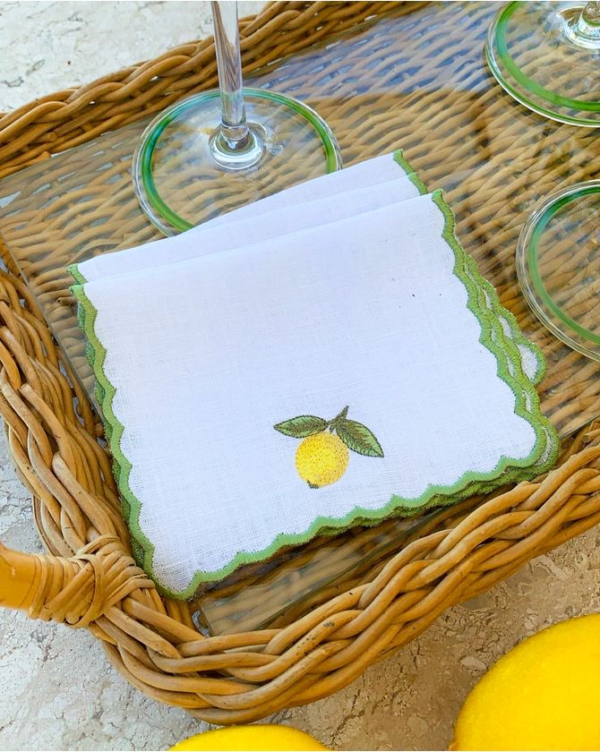 Kit 6 Guardanapos Coquetel Linho Branco Limão Siciliano