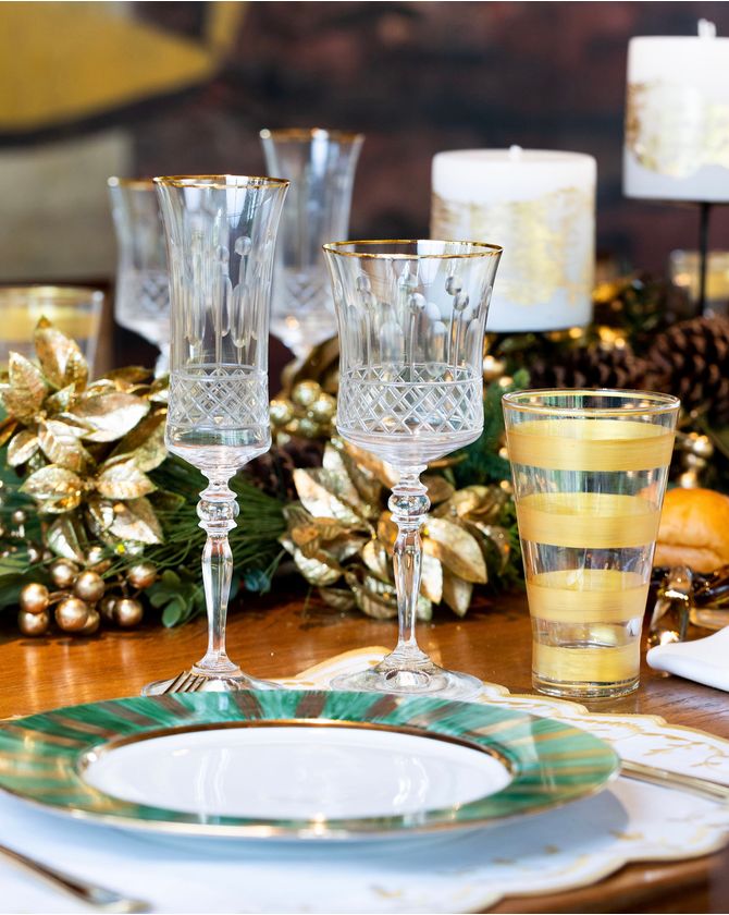 Taça Água Cristal Lapidado Friso Dourado Grace 300Ml