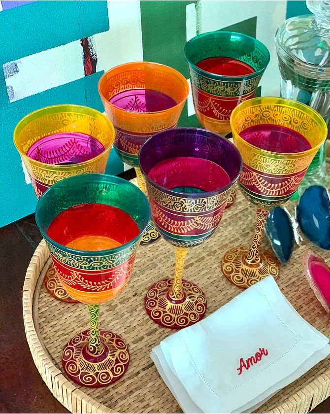 Taça Vinho Indiana colorida Pintada - borda laranja