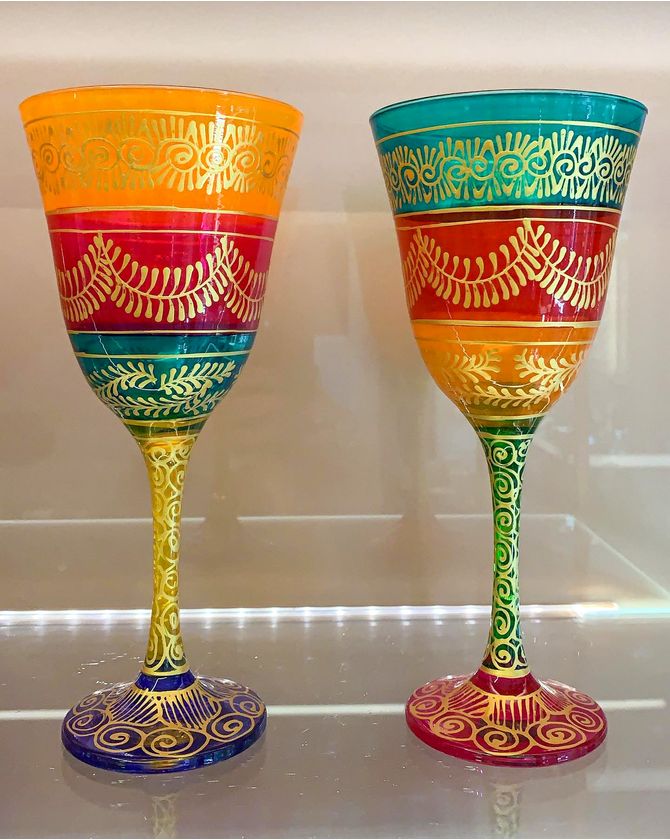 Taça Vinho Indiana colorida Pintada - borda laranja