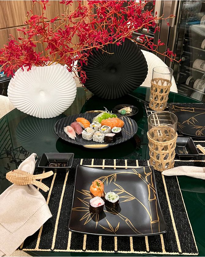 Travessa Oval Japonês Preto E Dourado Bamboo