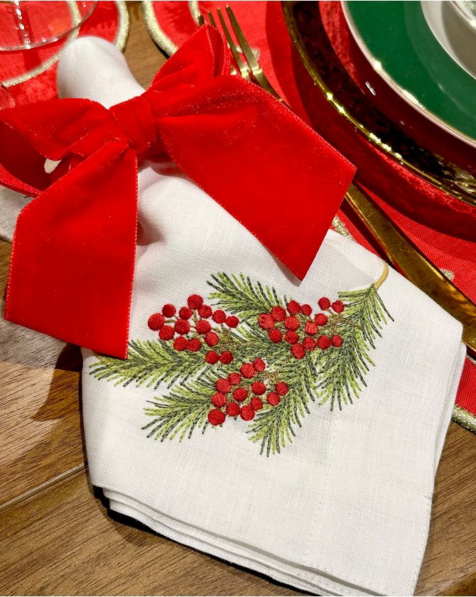 Guardanapo Linho Branco Bordado Pinheiro Natal 2022