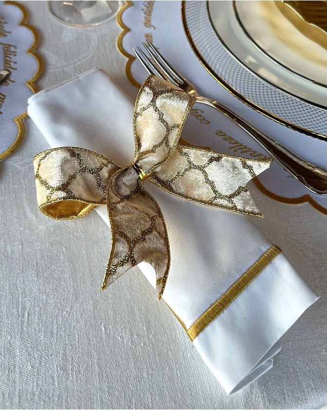Guardanapo Percal Branco Barra Palito - Dourado