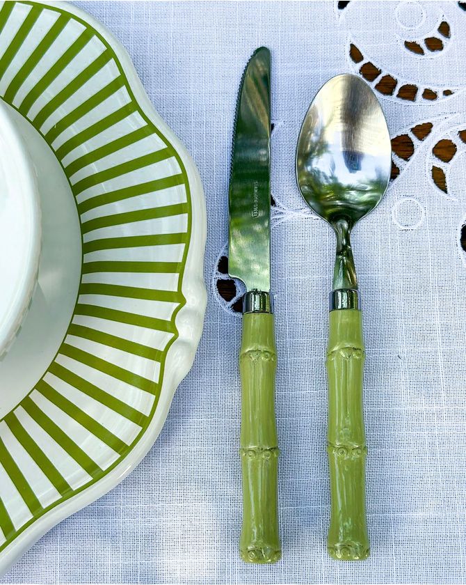 Faqueiro 42 peças bambu colorido + caixa - verde celadon