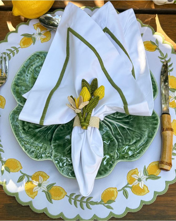 Guardanapo Percal Branco Barra Palito - Verde Militar