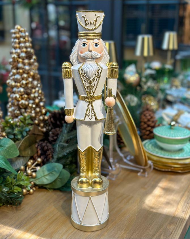 Soldado quebra nozes 50cm tambor - branco e dourado