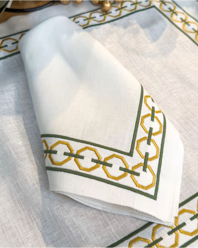 Guardanapo linho branco bordado esferas verde dourado