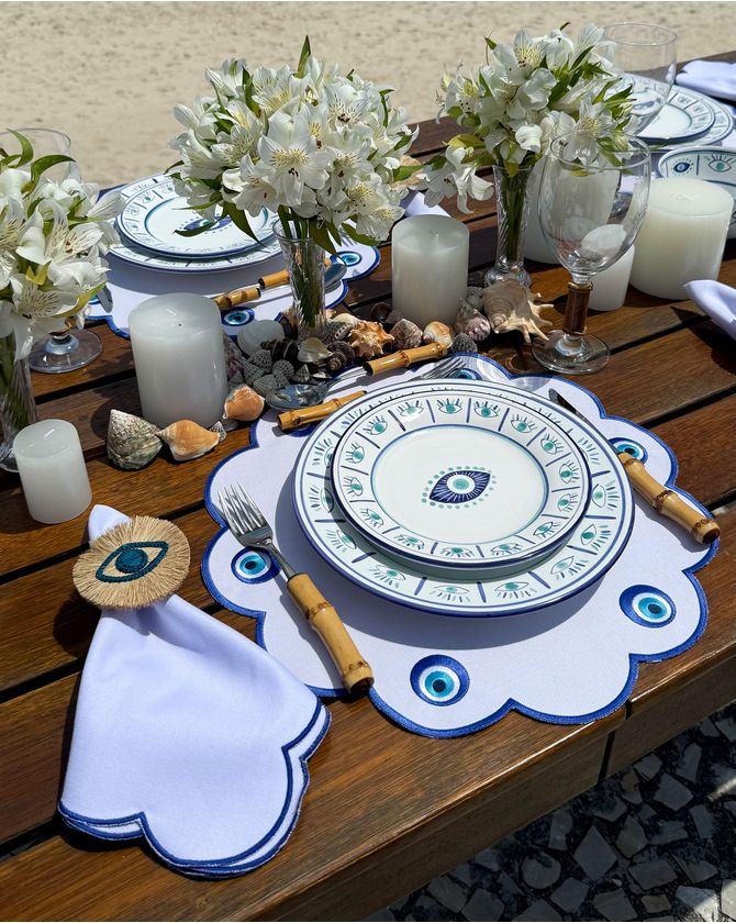 Guardanapo Algodão Branco Recortado Barra - Azul Chinês