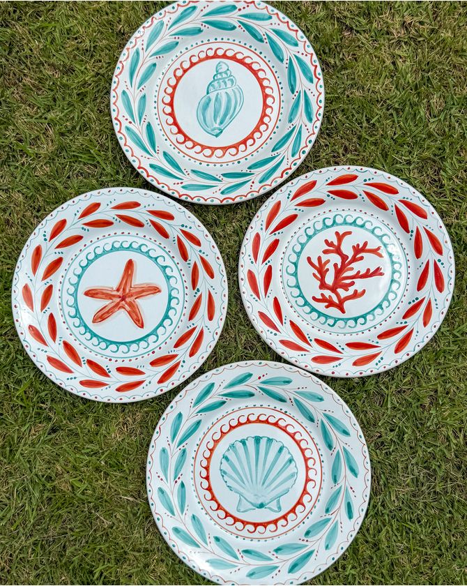 Set 4 pratos rasos cerâmica St Barths - turquesa e coral