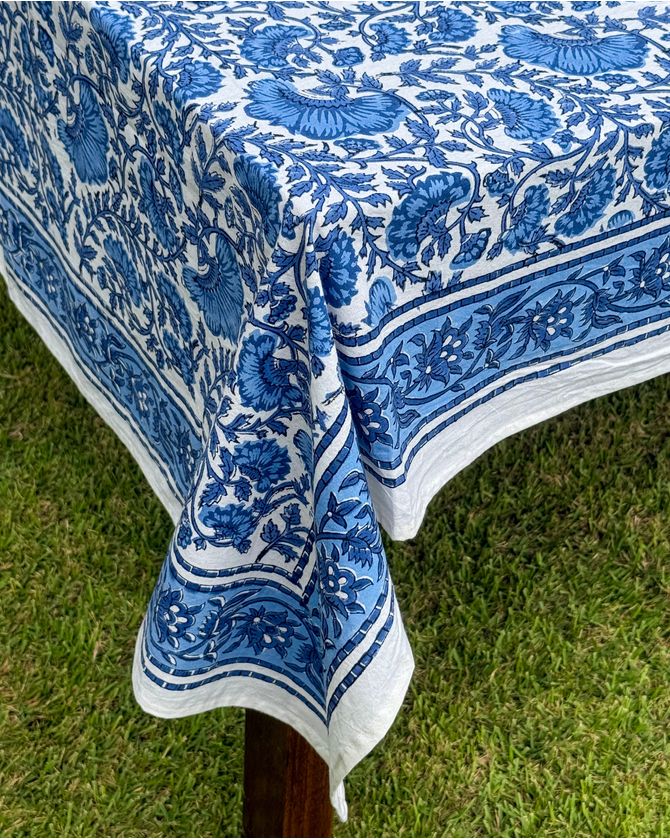 Toalha de mesa retangular block print indiana 3x1,70m - azul