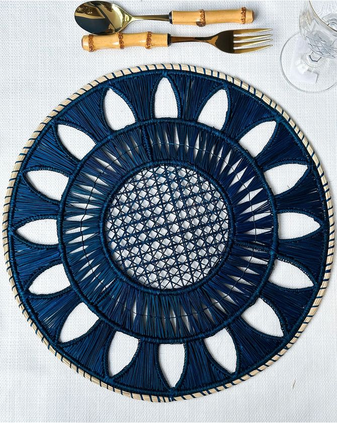 Jogo americano redondo palha colombiana mandala - azul marinho