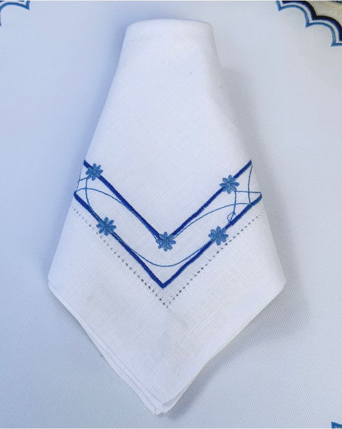 Guardanapo Linho Branco Bordado Treliça De Flores Azul