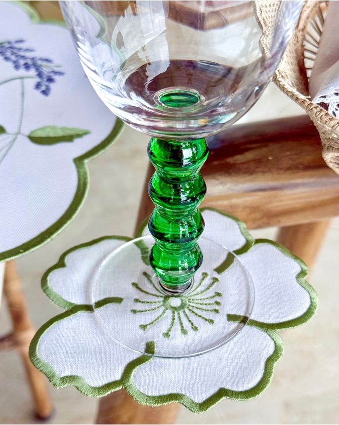 Porta Copo linho branco Flor Verde
