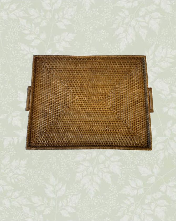 Bandeja retangular rattan com alça madeira - 48x39cm