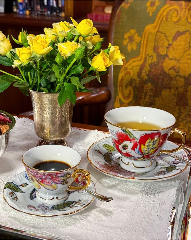 Xícara chá porcelana pássaros Botanic